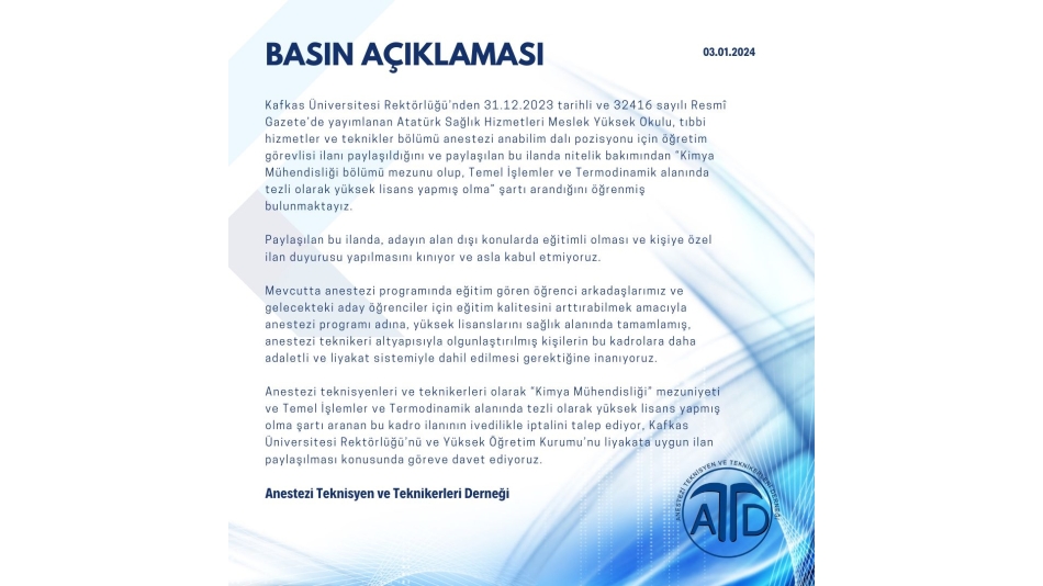 ATTD\\\\\\\\\\\\\\\\\\\\\\\\\\\\\\\'S PRESS RELEASE 3 JANUARY 2024 "CONCERNING THE ANNOUNCEMENT OF KAFKAS UNIVERSITY FACULTY STAFF"